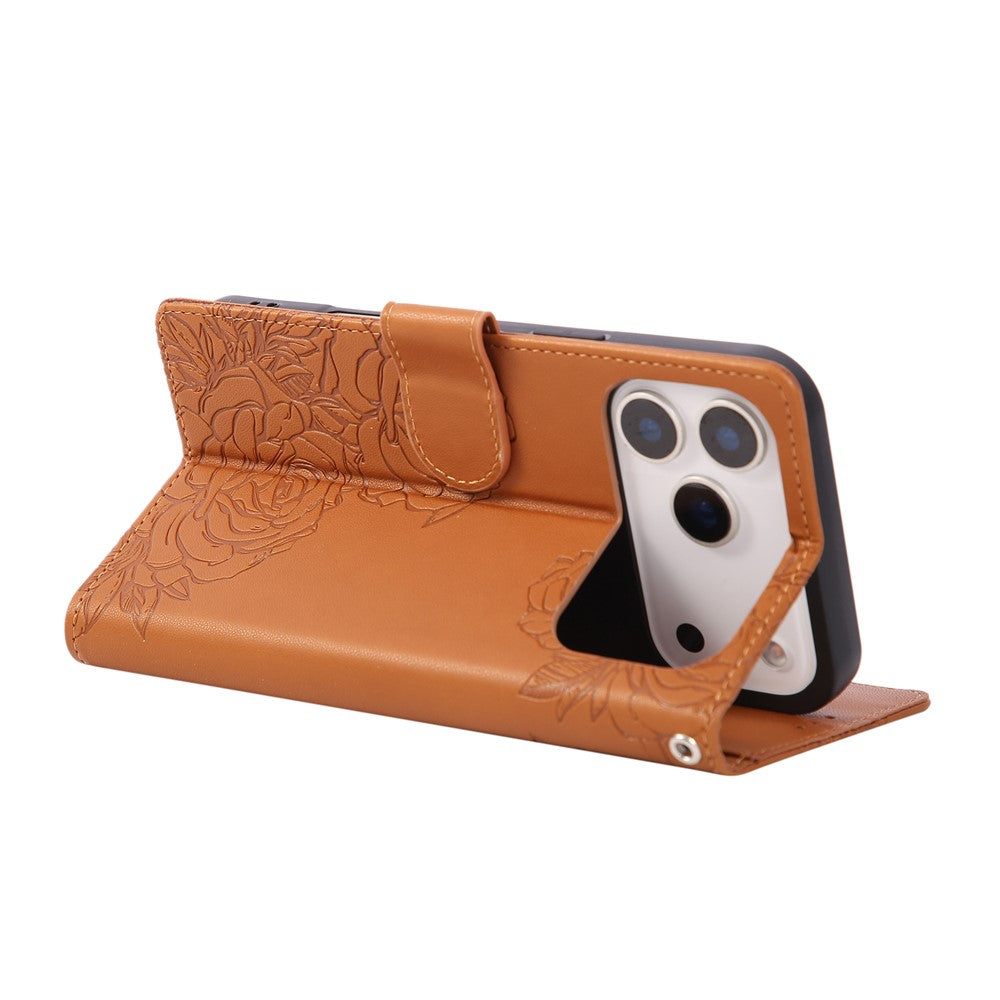 For iPhone 17 Pro Max Case Rose Flower PU Leather Wallet Phone Cover with 3 Card Slots / Wrist Strap - Brown