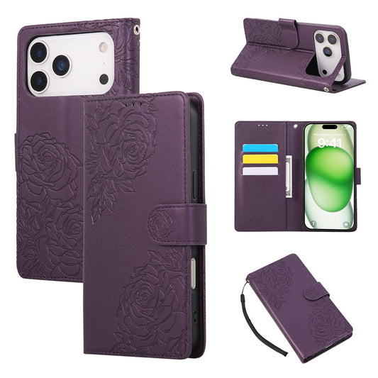 For iPhone 17 Pro Max Case Rose Flower PU Leather Wallet Phone Cover with 3 Card Slots / Wrist Strap - Dark Purple