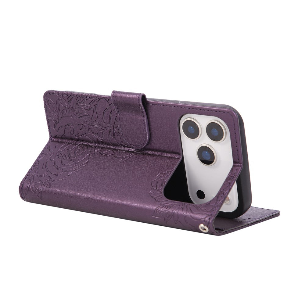 For iPhone 17 Pro Max Case Rose Flower PU Leather Wallet Phone Cover with 3 Card Slots / Wrist Strap - Dark Purple