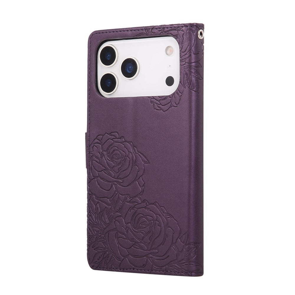For iPhone 17 Pro Max Case Rose Flower PU Leather Wallet Phone Cover with 3 Card Slots / Wrist Strap - Dark Purple