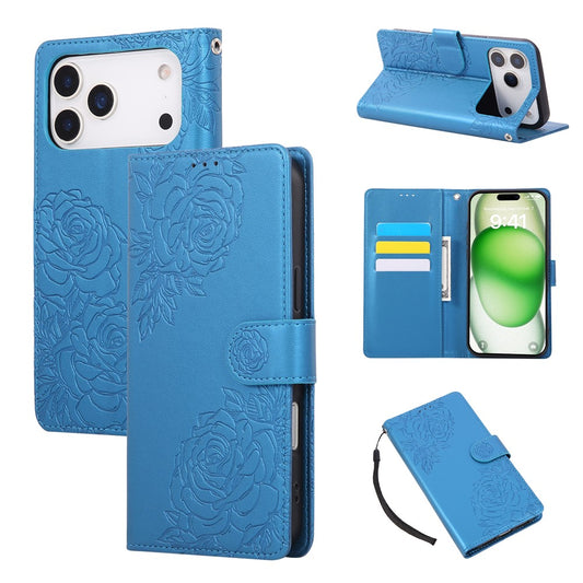 For iPhone 17 Pro Max Case Rose Flower PU Leather Wallet Phone Cover with 3 Card Slots / Wrist Strap - Blue