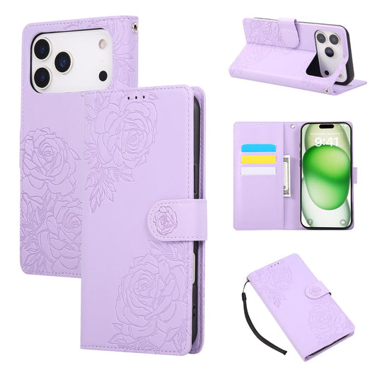 For iPhone 17 Pro Max Case Rose Flower PU Leather Wallet Phone Cover with 3 Card Slots / Wrist Strap - Light Purple