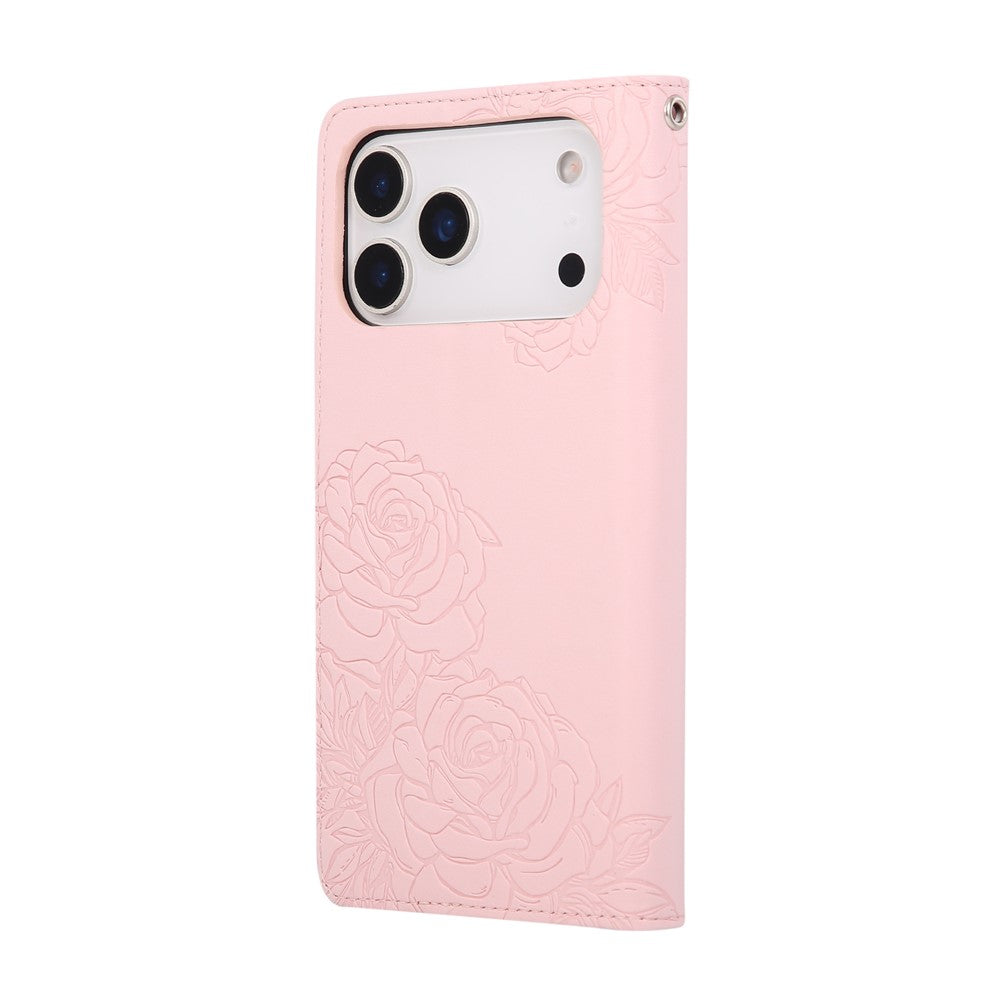 For iPhone 17 Pro Max Case Rose Flower PU Leather Wallet Phone Cover with 3 Card Slots / Wrist Strap - Rose Gold