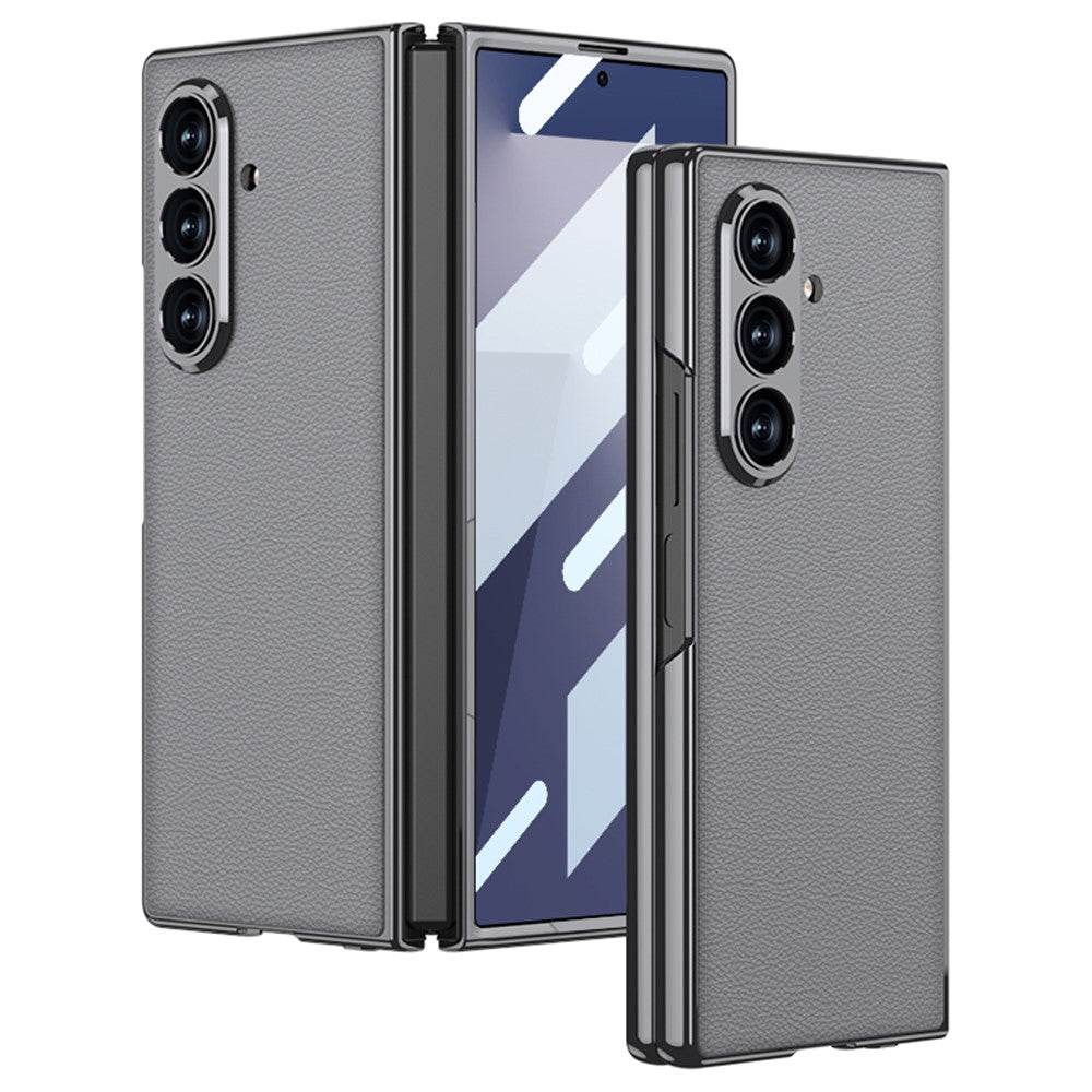 GKK For Samsung Galaxy Z Fold7 5G Case Electroplating PC + PU Leather Phone Cover with Screen Film - Grey