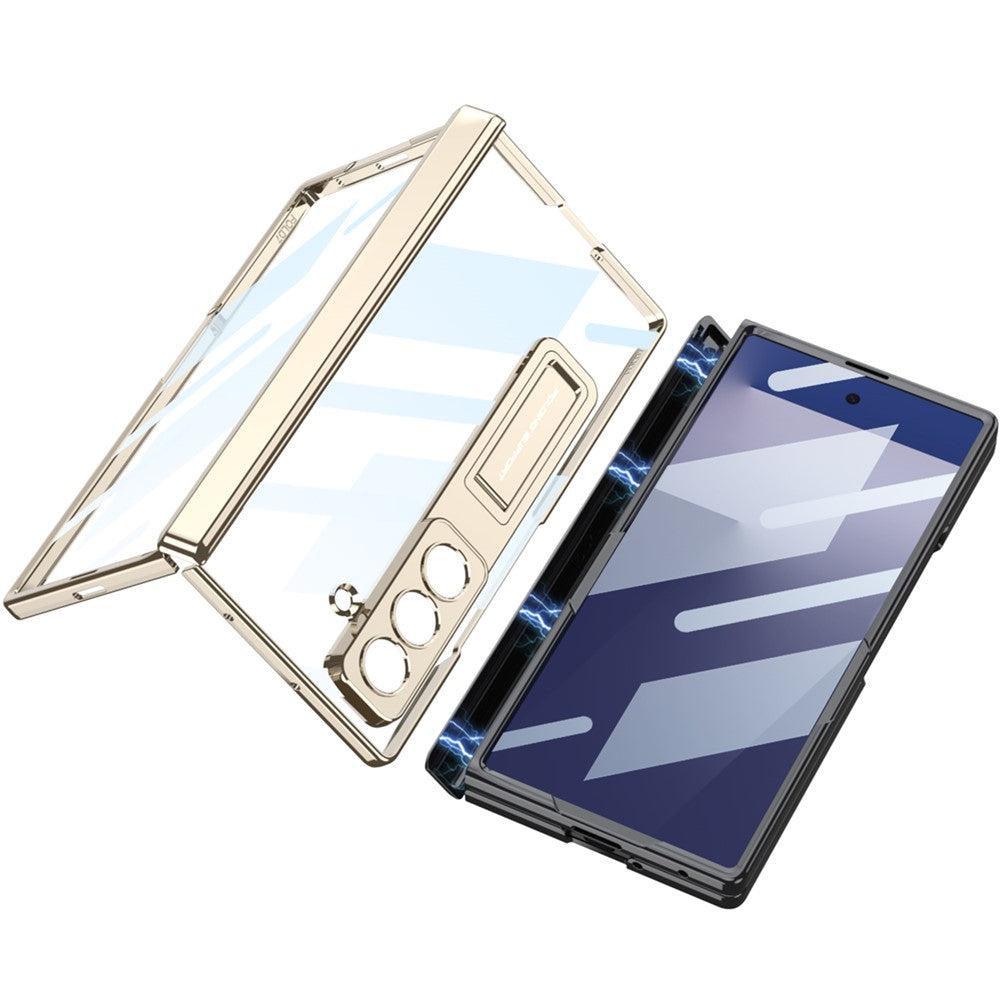 GKK For Samsung Galaxy Z Fold7 5G Case Hinge Protection PC + Tempered Glass Phone Cover with Kickstand - Champagne Gold