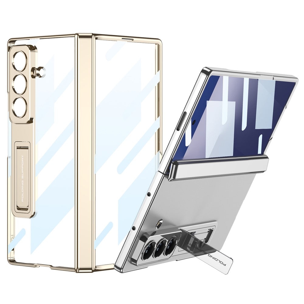 GKK For Samsung Galaxy Z Fold7 5G Case Hinge Protection PC + Tempered Glass Phone Cover with Kickstand - Champagne Gold