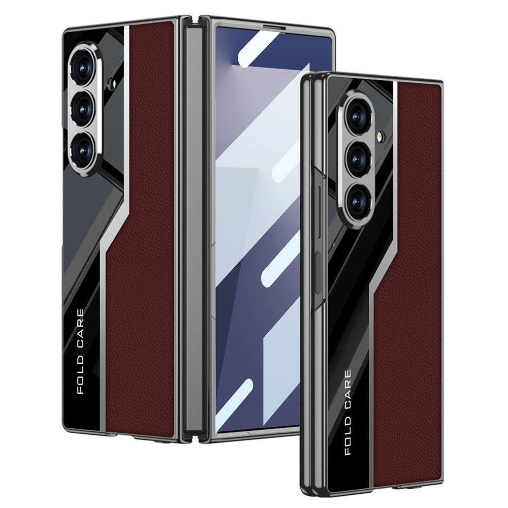 GKK For Samsung Galaxy Z Fold7 5G Case Electroplating PU + PC + Tempered Glass Phone Cover - Wine Red
