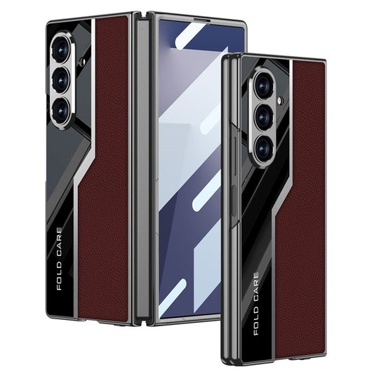 GKK For Samsung Galaxy Z Fold7 5G Case Electroplating PU + PC + Tempered Glass Phone Cover - Wine Red