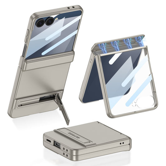 GKK For Samsung Galaxy Z Flip7 5G Kickstand Case Magnetic Hinge Protection PC + Tempered Glass Phone Cover - Titanium Grey