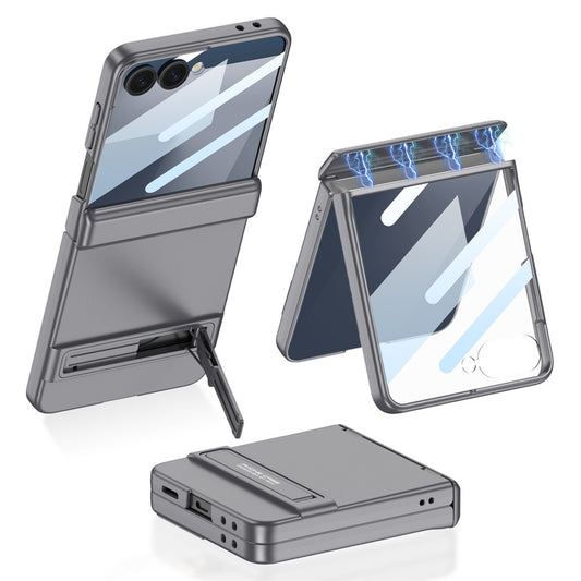 GKK For Samsung Galaxy Z Flip7 5G Kickstand Case Magnetic Hinge Protection PC + Tempered Glass Phone Cover - Grey