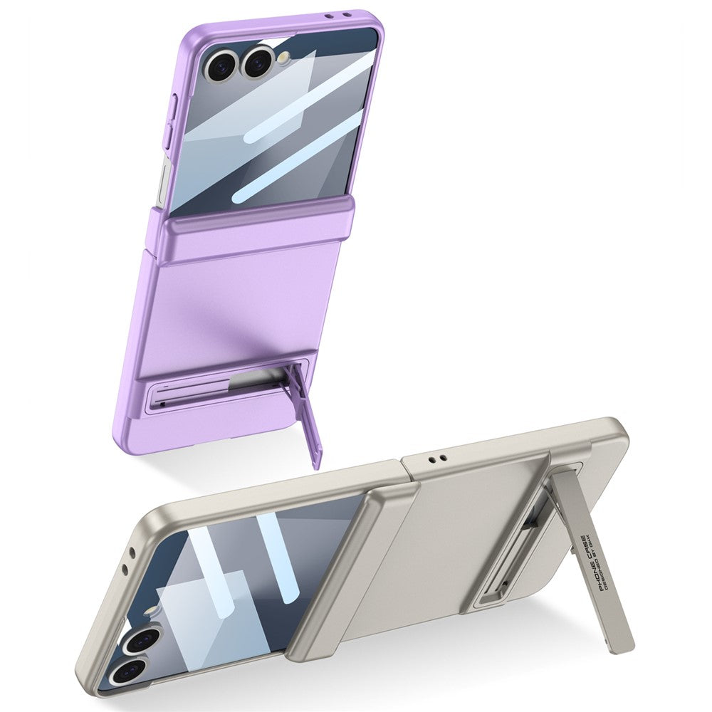 GKK For Samsung Galaxy Z Flip7 5G Kickstand Case Magnetic Hinge Protection PC + Tempered Glass Phone Cover - Grey
