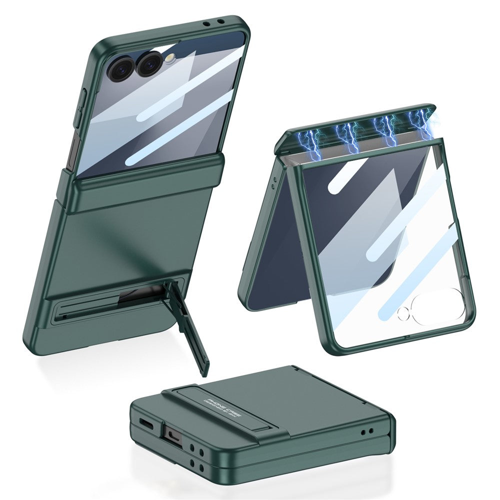 GKK For Samsung Galaxy Z Flip7 5G Kickstand Case Magnetic Hinge Protection PC + Tempered Glass Phone Cover - Green