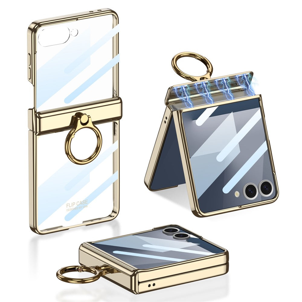 GKK For Samsung Galaxy Z Flip7 5G Kickstand Case Magnetic Hinge Protection PC + Tempered Glass Phone Cover - Champagne Gold