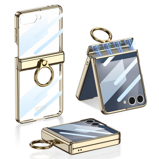 GKK For Samsung Galaxy Z Flip7 5G Kickstand Case Magnetic Hinge Protection PC + Tempered Glass Phone Cover - Champagne Gold