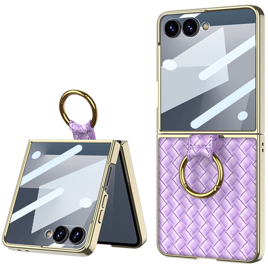 GKK For Samsung Galaxy Z Flip7 5G Phone Case Ring Kickstand Woven Pattern PU Leather Back Cover with Small Screen Film - Purple
