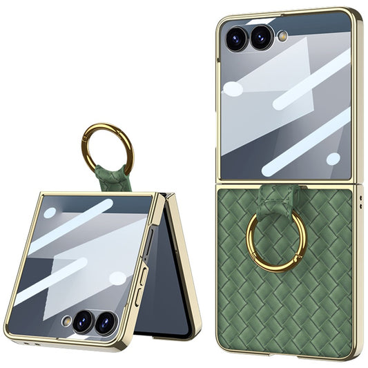 GKK For Samsung Galaxy Z Flip7 5G Phone Case Ring Kickstand Woven Pattern PU Leather Back Cover with Small Screen Film - Green