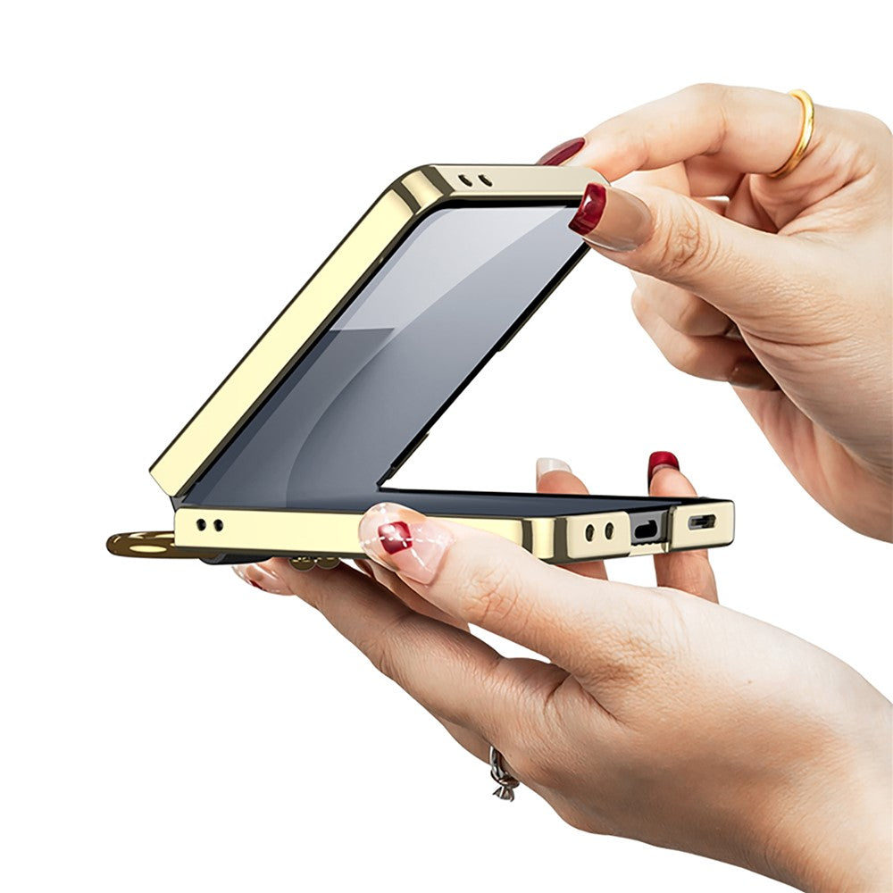 GKK For Samsung Galaxy Z Flip7 5G Phone Case Ring Kickstand Woven Pattern PU Leather Back Cover with Small Screen Film - Green