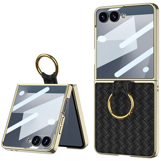 GKK For Samsung Galaxy Z Flip7 5G Phone Case Ring Kickstand Woven Pattern PU Leather Back Cover with Small Screen Film - Black