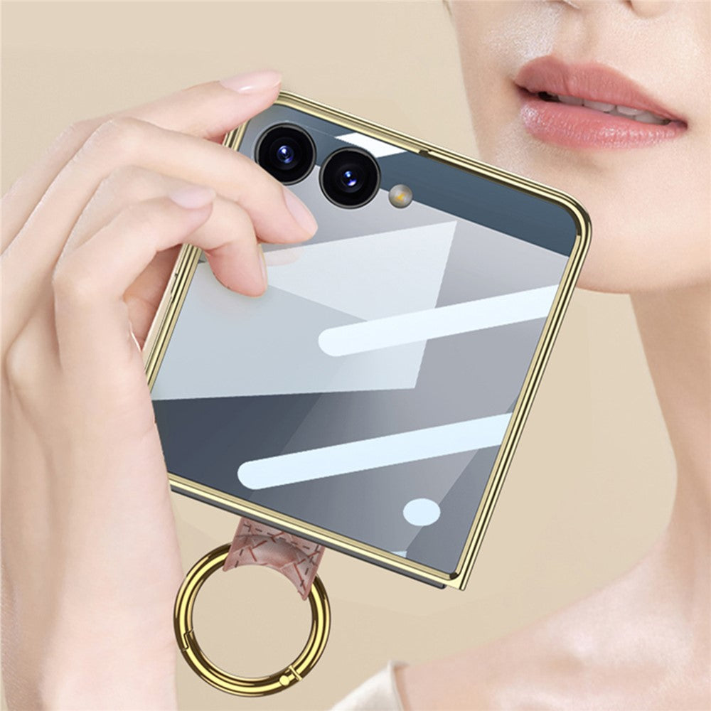 GKK For Samsung Galaxy Z Flip7 5G Phone Case Ring Kickstand Woven Pattern PU Leather Back Cover with Small Screen Film - Black