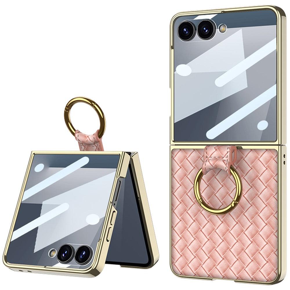 GKK For Samsung Galaxy Z Flip7 5G Phone Case Ring Kickstand Woven Pattern PU Leather Back Cover with Small Screen Film - Pink