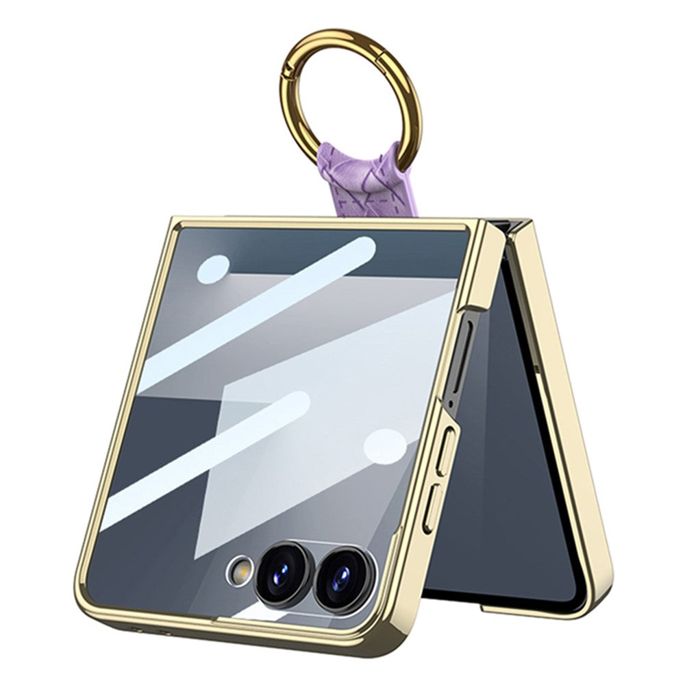 GKK For Samsung Galaxy Z Flip7 5G Phone Case Ring Kickstand Woven Pattern PU Leather Back Cover with Small Screen Film - Champagne Gold