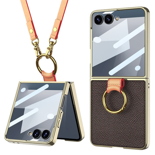 GKK For Samsung Galaxy Z Flip7 5G Case Ring Kickstand PU Leather + PC Phone Cover with Small Screen Film / Shoulder Strap - Coffee