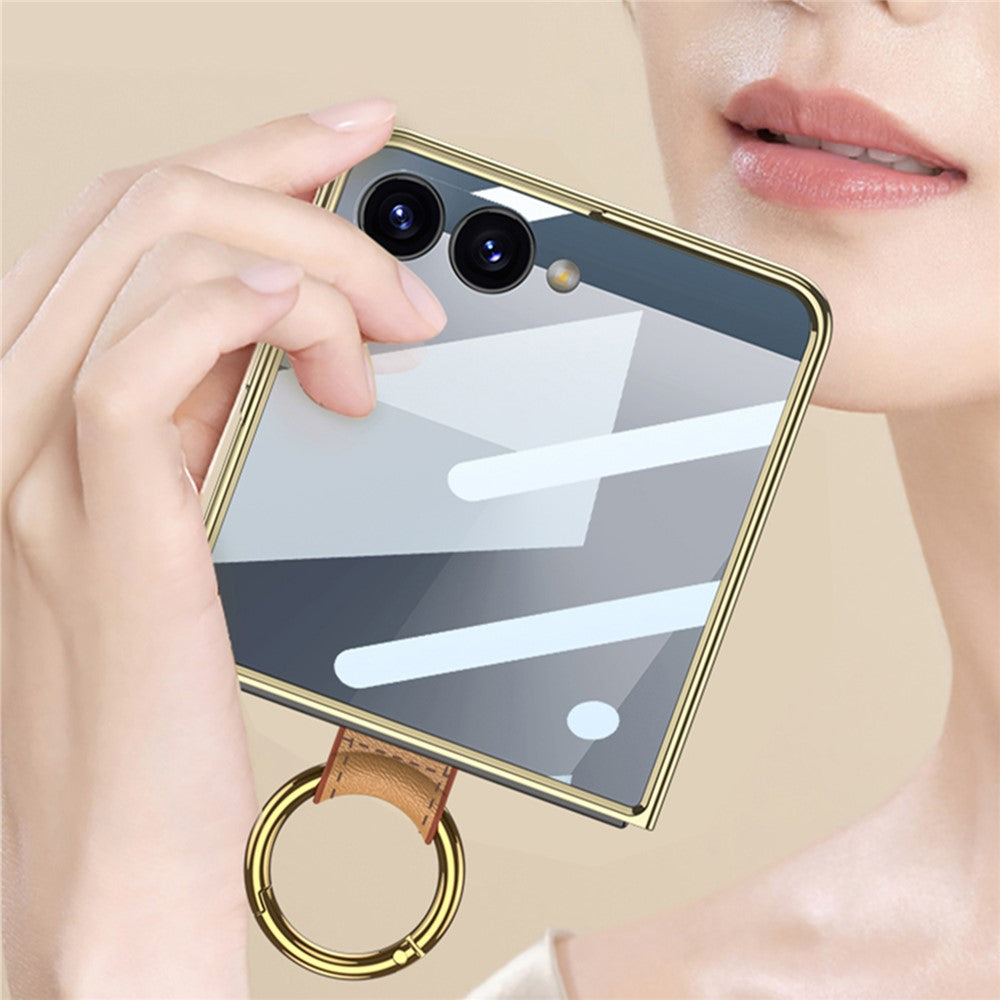 GKK For Samsung Galaxy Z Flip7 5G Case Ring Kickstand PU Leather + PC Phone Cover with Small Screen Film / Shoulder Strap - Coffee