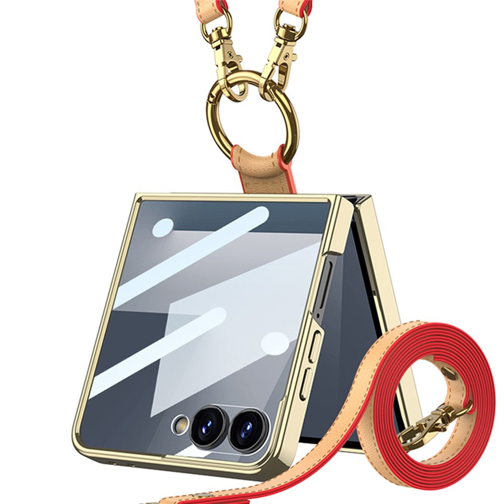 GKK For Samsung Galaxy Z Flip7 5G Case Ring Kickstand PU Leather + PC Phone Cover with Small Screen Film / Shoulder Strap - Coffee