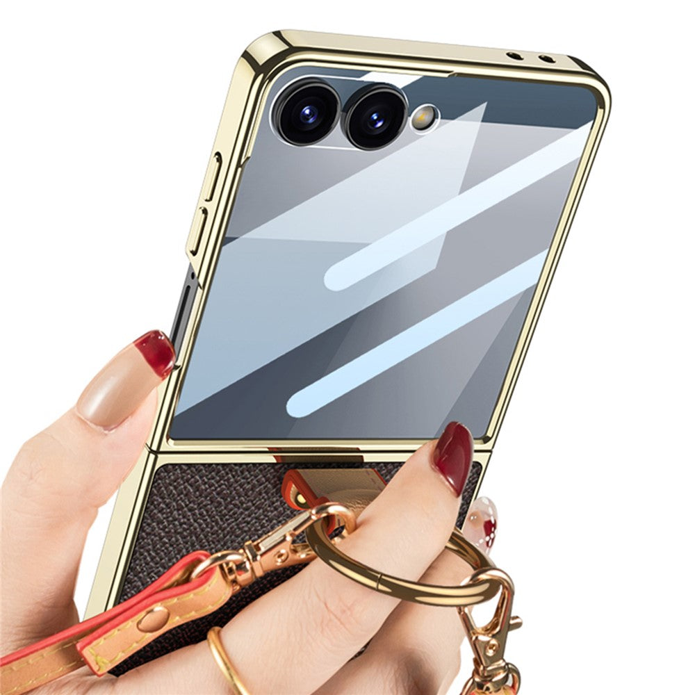 GKK For Samsung Galaxy Z Flip7 5G Case Ring Kickstand PU Leather + PC Phone Cover with Small Screen Film / Shoulder Strap - Coffee