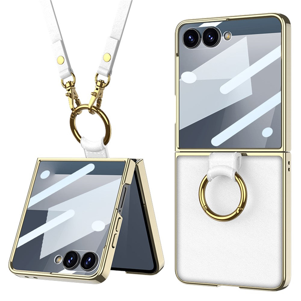 GKK For Samsung Galaxy Z Flip7 5G Case Ring Kickstand PU Leather + PC Phone Cover with Small Screen Film / Shoulder Strap - White
