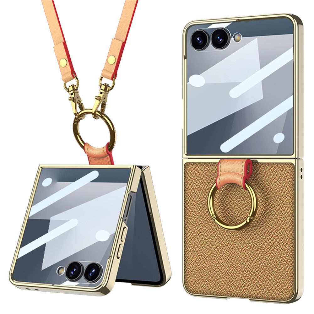 GKK For Samsung Galaxy Z Flip7 5G Case Ring Kickstand PU Leather + PC Phone Cover with Small Screen Film / Shoulder Strap - Dark Yellow