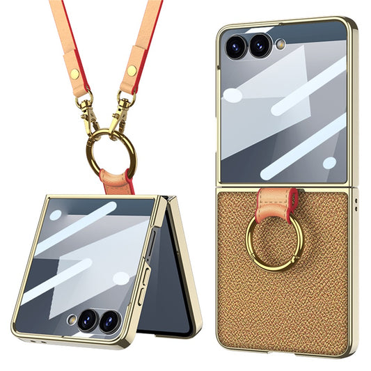 GKK For Samsung Galaxy Z Flip7 5G Case Ring Kickstand PU Leather + PC Phone Cover with Small Screen Film / Shoulder Strap - Dark Yellow