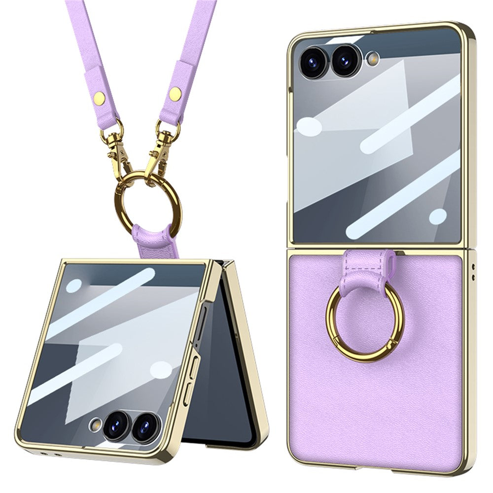 GKK For Samsung Galaxy Z Flip7 5G Case Ring Kickstand PU Leather + PC Phone Cover with Small Screen Film / Shoulder Strap - Purple