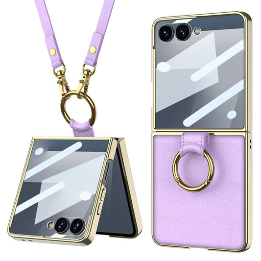 GKK For Samsung Galaxy Z Flip7 5G Case Ring Kickstand PU Leather + PC Phone Cover with Small Screen Film / Shoulder Strap - Purple
