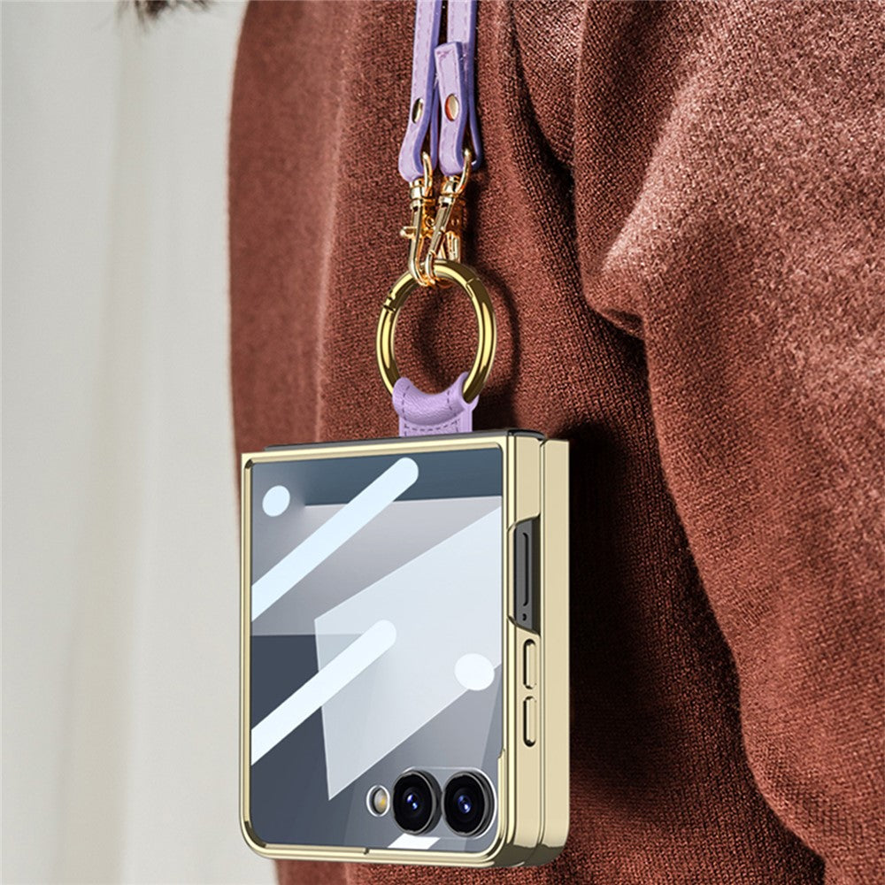 GKK For Samsung Galaxy Z Flip7 5G Case Ring Kickstand PU Leather + PC Phone Cover with Small Screen Film / Shoulder Strap - Purple