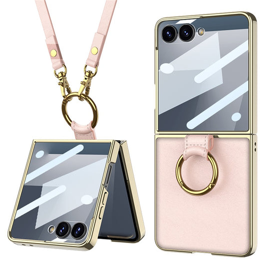 GKK For Samsung Galaxy Z Flip7 5G Case Ring Kickstand PU Leather + PC Phone Cover with Small Screen Film / Shoulder Strap - Pink