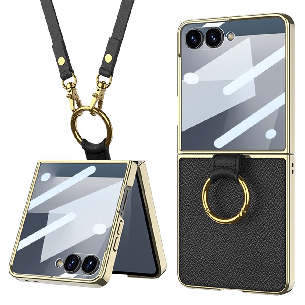 GKK For Samsung Galaxy Z Flip7 5G Case Ring Kickstand PU Leather + PC Phone Cover with Small Screen Film / Shoulder Strap - Black