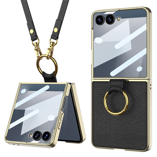 GKK For Samsung Galaxy Z Flip7 5G Case Ring Kickstand PU Leather + PC Phone Cover with Small Screen Film / Shoulder Strap - Black