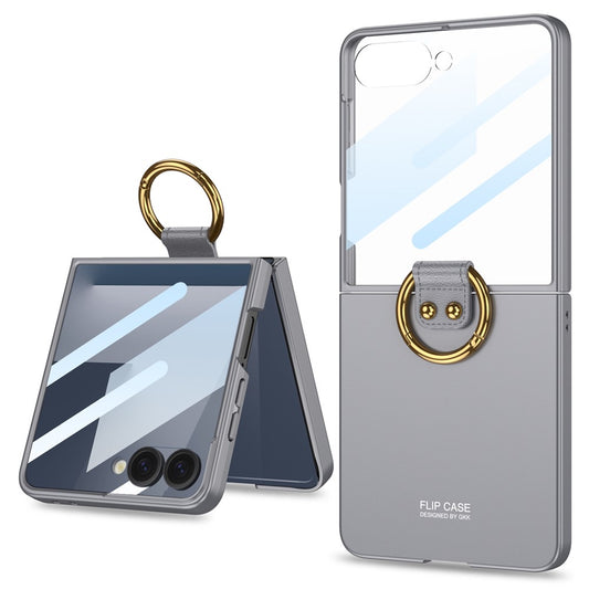 GKK For Samsung Galaxy Z Flip7 5G Case with Ring Holder Metal Plate PC + Tempered Glass Phone Cover - Grey
