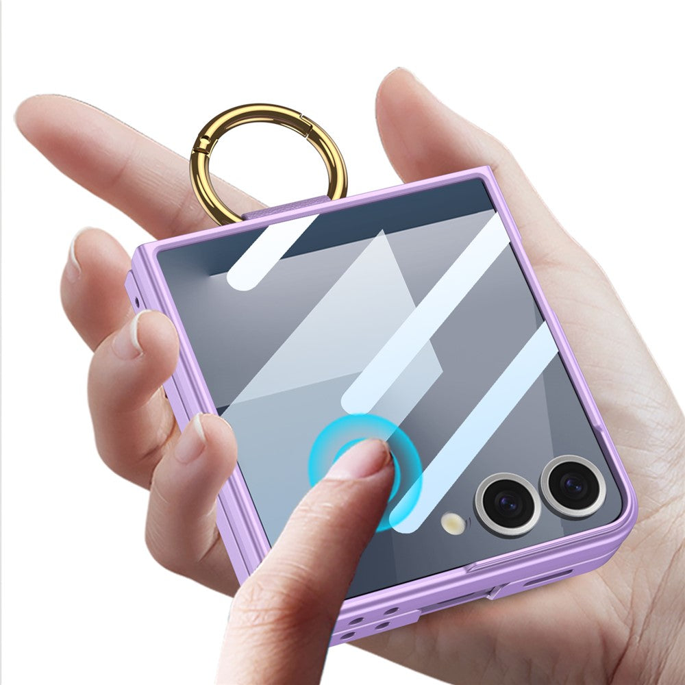 GKK For Samsung Galaxy Z Flip7 5G Case with Ring Holder Metal Plate PC + Tempered Glass Phone Cover - Silver