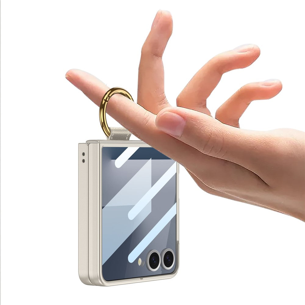 GKK For Samsung Galaxy Z Flip7 5G Case with Ring Holder Metal Plate PC + Tempered Glass Phone Cover - Black  /  Black