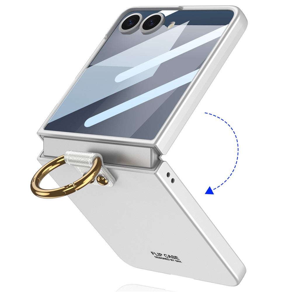 GKK For Samsung Galaxy Z Flip7 5G Case with Ring Holder Metal Plate PC + Tempered Glass Phone Cover - Black  /  Black