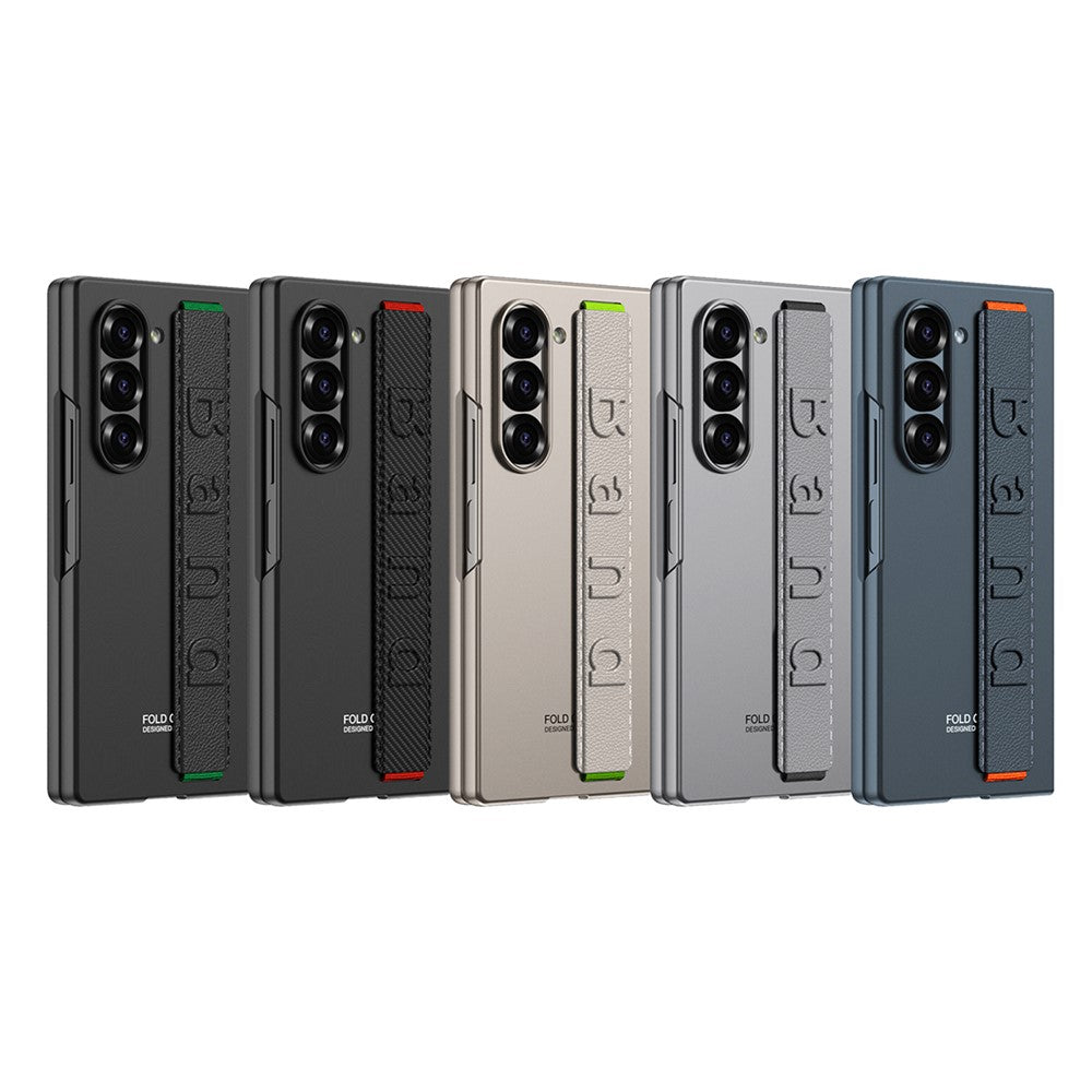 GKK For Samsung Galaxy Z Fold7 5G Case Wristband Large Lens Hole PC Phone Cover with Front Screen Film - Carbon Fiber Texture