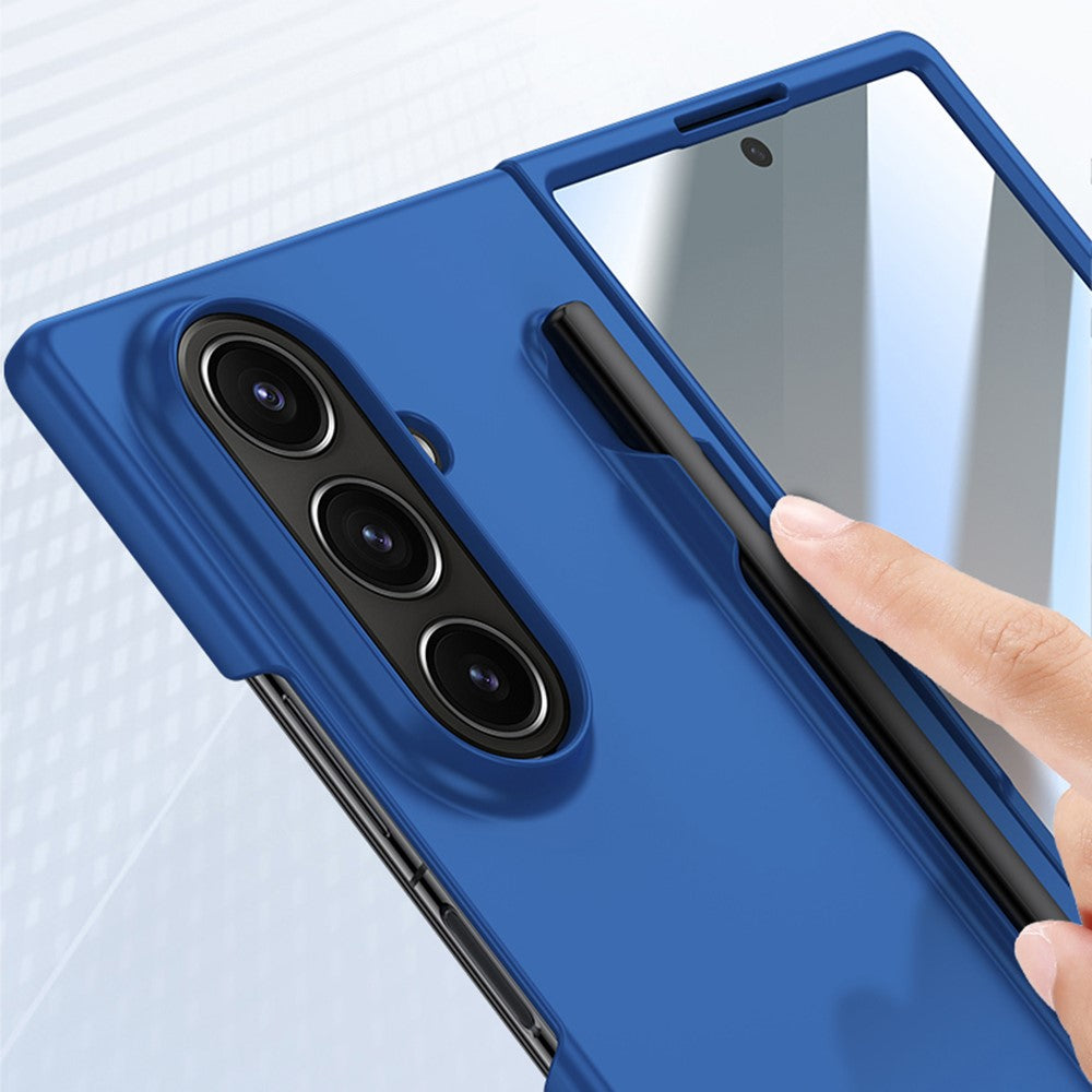 For Samsung Galaxy Z Fold7 5G Case Skin Feel Phone Cover with Tempered Glass Film  /  Pen Slot - Dark Blue
