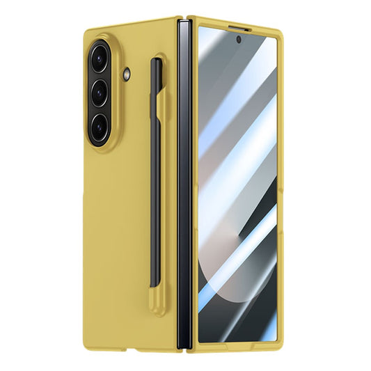 For Samsung Galaxy Z Fold7 5G Case Skin Feel Phone Cover with Tempered Glass Film  /  Pen Slot - Yellow