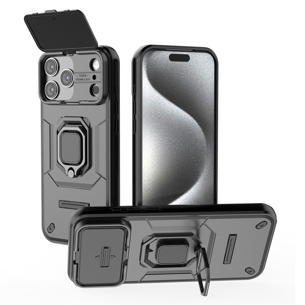 For iPhone 17 Pro Max Case PC + TPU Kickstand Phone Protector with Lens Cover - Black