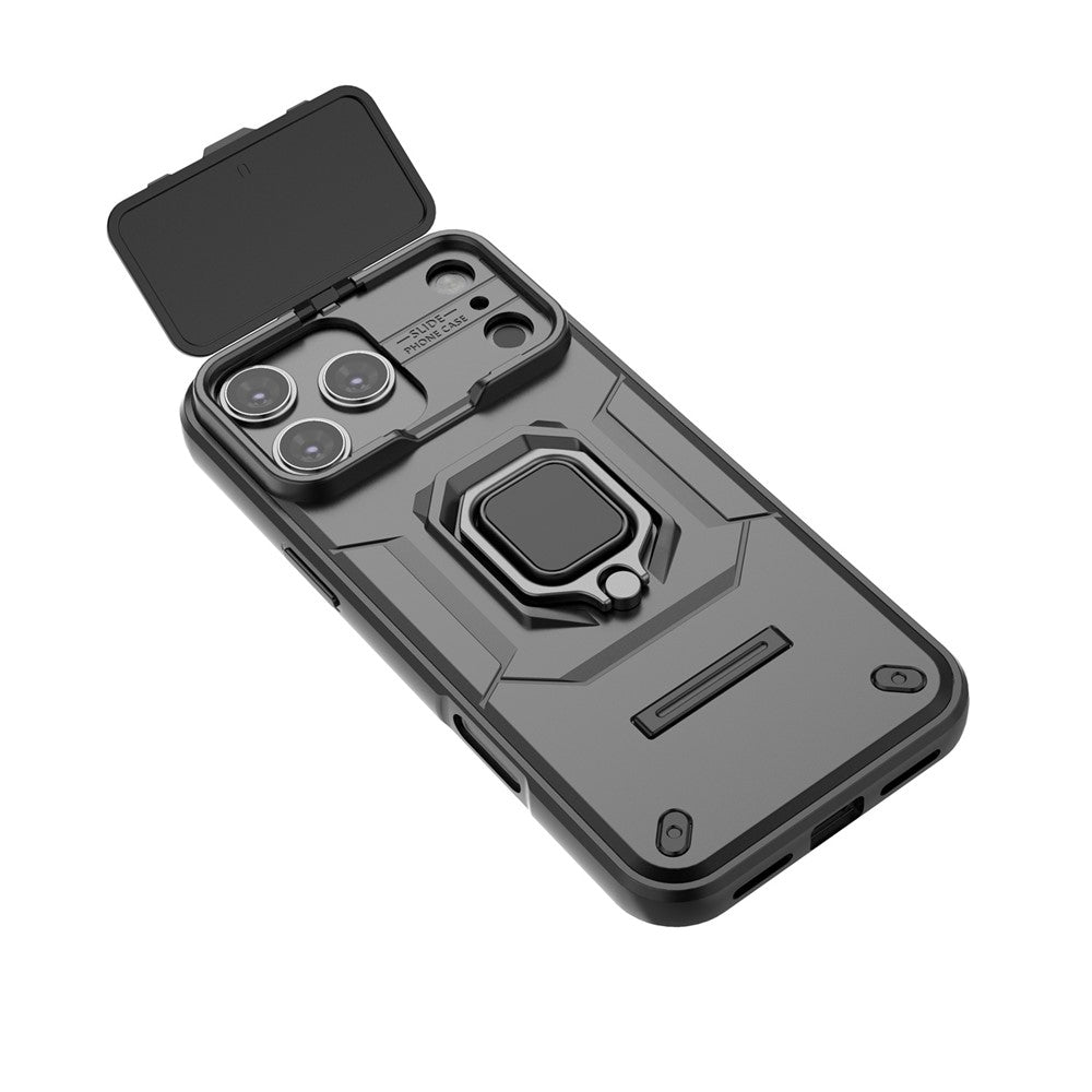 For iPhone 17 Pro Max Case PC + TPU Kickstand Phone Protector with Lens Cover - Black