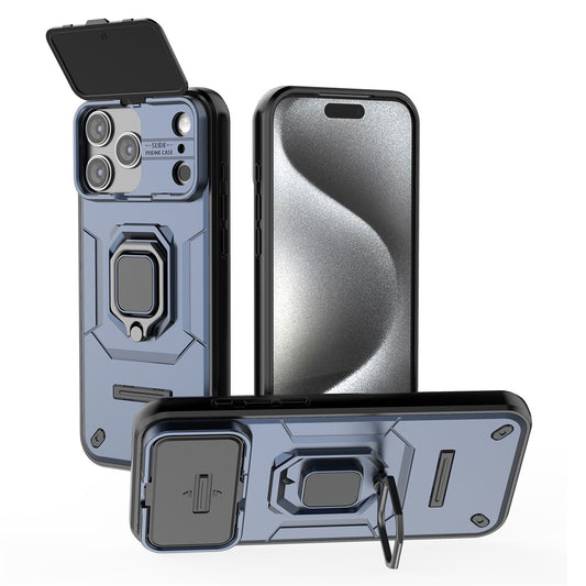 For iPhone 17 Pro Max Case PC + TPU Kickstand Phone Protector with Lens Cover - Blue