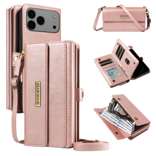 For iPhone 17 Pro Max Case YIKATU YK-008 Zipper Wallet Leather Phone Cover with Shoulder Strap - Rose Gold