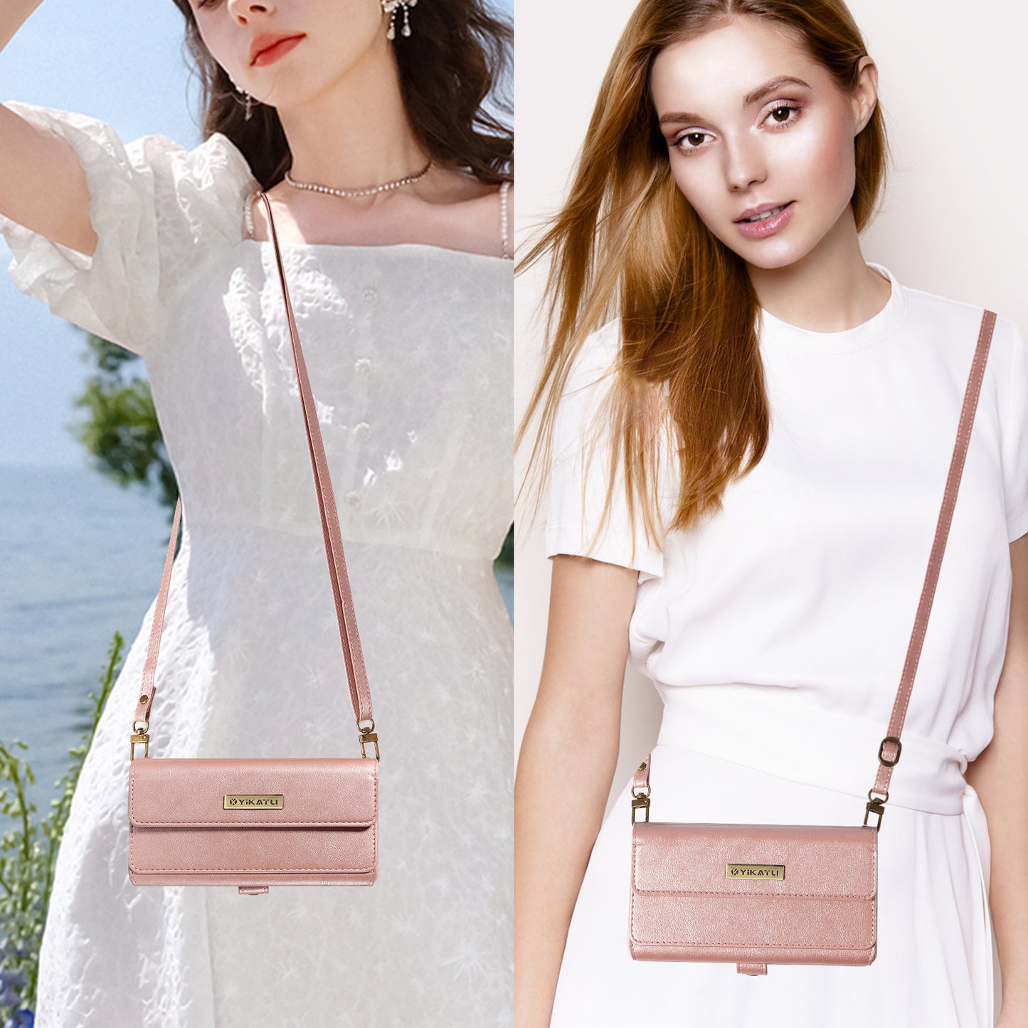 For iPhone 17 Pro Max Case YIKATU YK-008 Zipper Wallet Leather Phone Cover with Shoulder Strap - Rose Gold